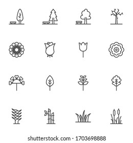 Plants and flowers line icons set. linear style symbols collection, outline signs pack. vector graphics. Set includes icons as park tree leaves, rose flower,  rosebud, grass, cane, tulip, chamomile