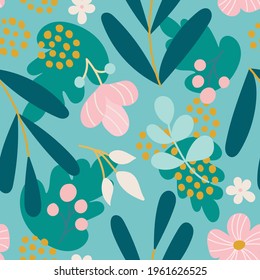 Plants and flowers on a bright background. Vector seamless pattern in flat style for fabric, packaging paper, postcards, wallpaper