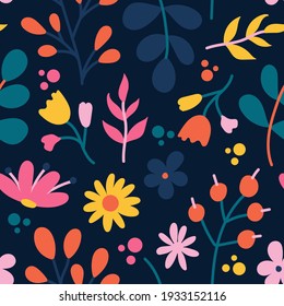 Plants and flowers on a dark background, vector seamless pattern in a flat style.