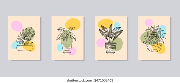 Plants, flowers on pots, vases hand drawing outline hand drawn vector poster wall art illustration set.