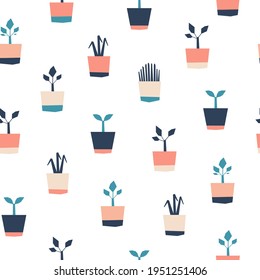 Plantas (flores) en macetas sin costura. Diseño de verano para envolver papel o textiles.