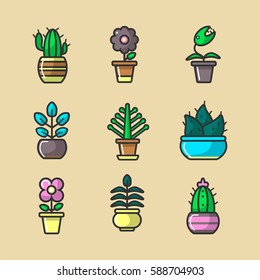 Plantas e flores em potes coleção vetorial de dezesseis elementos. Cartaz vetorial de vários tipos de cactos e flores florescentes com caules verdes e folhas que crescem em casas em janelas