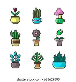 Plants and flowers in pots vector collection of sixteen elements.