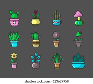 Plants and flowers in pots vector collection of sixteen elements.