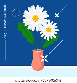 Plants, flowers. Pretty daisy flower flat illustration in a vase. Vector illustration set.