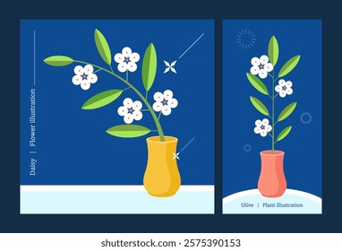 Plants, flowers. Pretty white flower flat illustration in a vase. Vector illustration set.