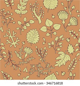 Plants and flowers seamless pattern in yellow and brown colors, vector hand drawn illustration