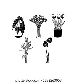 plantas y flores. dibujado a mano en la ilustración vectorial de fondo blanco.