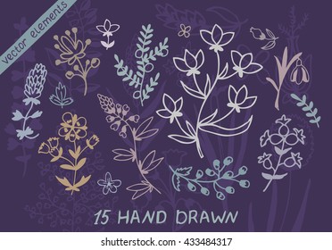 Plants and flowers set. Vector design elements. Illustration for your cute design.