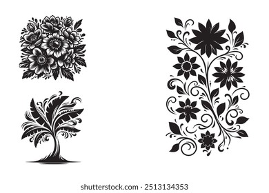 Conjunto de ilustrações vetoriais de silhueta de plantas e flores