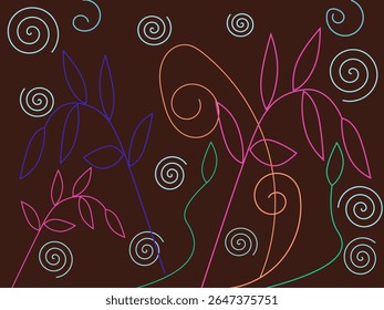 Plants, flowers, and spirals in bright colors and on dark brown background