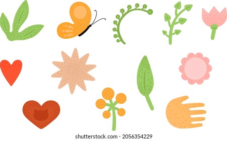 Plants, flowers. star. heart, butterfly scrapbooking isolated set with white background. Simple cute beautiful nature elements. Eco ecological eco-friendly illustration. Natural colors design. Sticker