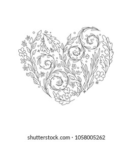 Plants and flowers that form the heart. Great for postcards, typography, textiles and other design with a love theme.