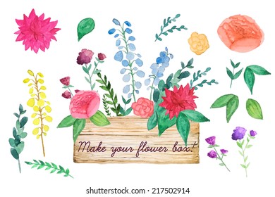 Plants and flowers wooden box set. Watercolor vintage illustration.