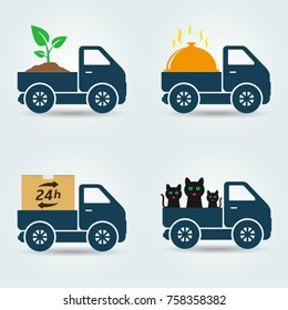 Plants, food, animals and parcels delivery van icons