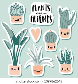 Plants are friends. Cute colorful stickers with hand drawn flower pots. Flat style, kawaii doodle home plants with face emotions. Botany hand drawn illustrations of gardening. Cartoon home decor