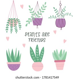 Plants are friends. Set of house plants. Hand drawn illustration in scandinavian style. Flat vector illustration.