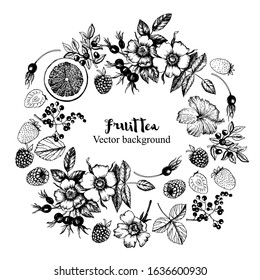 Plants Fruit Tea Graphic decorative wreath. Flowers, buds, fruits, leaves, branches. Vector illustration. Manual graphics.