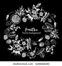 Plants Fruit Tea Graphic decorative wreath on a black background. Flowers, buds, fruits, leaves, branches. Vector illustration. Manual graphics.