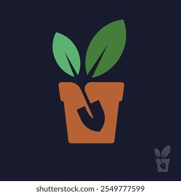 Plants and Garden logo. Ceramic pot, shovel silhouette and green leaves. 