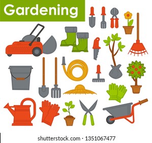 Plants and gardening tools lawn mower spade and rake vector spatula and secateurs flower in pot trees sprouts rubber boots and knife bucket and hose shovel and watering can rubber gloves cart