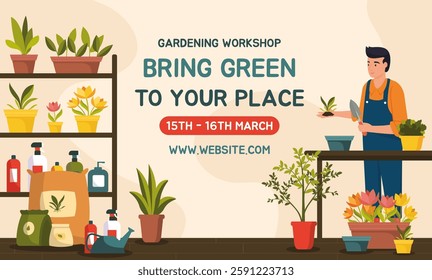 Plants gardening workshop promotion web banner. Man planting indoors, potted plants, shelves with greenery, fertilizers and gardening tools. Houseplant masterclass advertisement. Vector illustration.