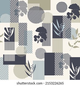 Plants and geometric collage seamless vector pattern. Abstract monochrome blue background