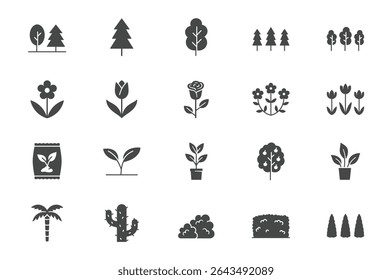 Plants glyph icon set. Vector pictograms include icon - green fence, wood, houseplant, thuja, seedling, wildflower, cactus black sign silhouette illustration for garden tree and bushes.