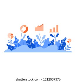 Plants with graphs and diagrams. Flat style vector illustration concept for growing business, investment, getting profit, analytics isolated on white
