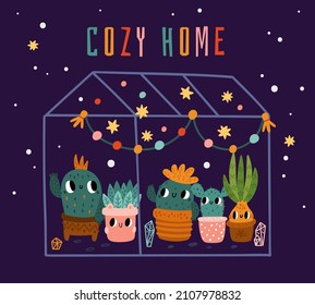 Plants in greenhouse. Cacti and succulents characters in orangery. Botanical glass home. Desert cactus in flowerpot. General florarium with friends. Houseplants in