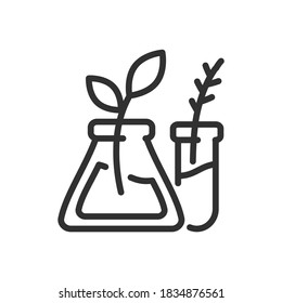 Plants grow from a conical flask and a test tube, linear icon. Editable stroke