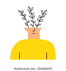Plants grow from head of man. 
Hand drawn illustration on white background.