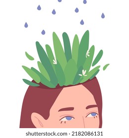 Plants grow in the head. A metaphor about well-being and individual growth. Vector illustration isolated on a white background