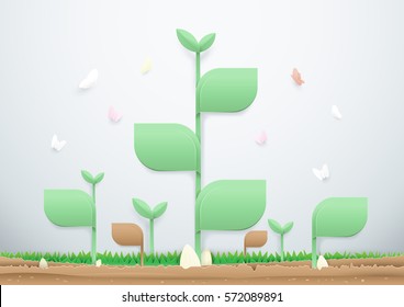 Plants grow up on the soil with butterflies. Ecology concept and paper art style