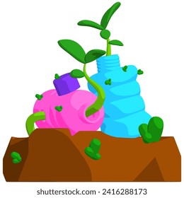 Las plantas crecen a través de la ilustración de botellas de plástico. Ilustración vectorial con tema de sostenibilidad. Elemento vector modificable.