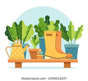 Concepto de cultivo y cultivo de plantas con regadera, botas de goma amarillas, plantas verdes y verdes frondosos. Jardinería de primavera y escena agrícola con herramientas de plántulas de plantas.