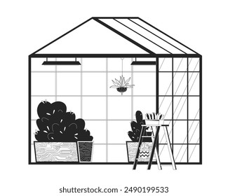 Plants growing in greenhouse black and white flat line illustration. Agricultural technology of planting 2D lineart scene isolated. Herbs and vegetables in hothouse monochrome vector outline image
