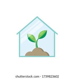 Plants growing inside glass greenhouse and Take Care Of Your Green Friends slogan. Glasshouse or botanical garden. Concept of home gardening. Modern flat vector illustration.