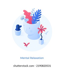 Plants growing inside human head. Concept of mental relaxation, peaceful contemplation, mindfulness meditation practice, personal growth. Modern vector illustration in pseudo 3d style for poster.