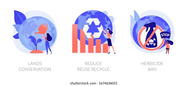 Plants growing, nature protection, natural fertilizers use. Lands conservation, RRR - reduce reuse recycle, herbicide ban metaphors. Vector isolated concept metaphor illustrations.