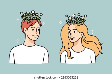 Plants growing from people head. Man and woman have houseplants on brain. Concept of self-development and improvement. Vector illustration. 