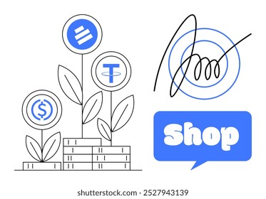 Plants growing from piles of coins with cryptocurrency symbols and a digital signature represent investment growth. Ideal for cryptocurrency, digital payments, online shopping, investment growth