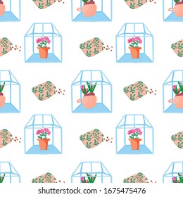 Plants growing in pots or planters inside glass greenhouse seamless pattern. Modern flat vector illustration.