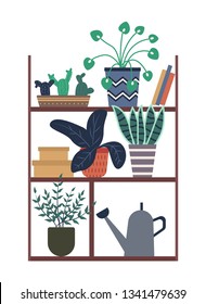 Plants growing in pots vector, houseplants in different flowerpots, books and boxes on wooden construction. Greenhouse orangery foliage and flora