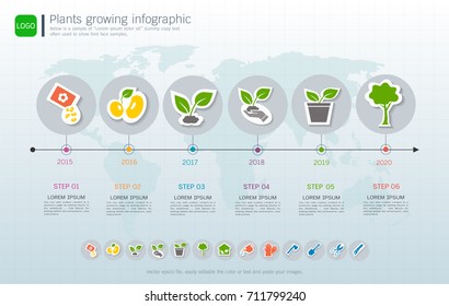 Plants growing timeline infographic with icons set, Save the world and go green concept, ecology, friendly diagram template, Used for applied guide to process and planting design. 