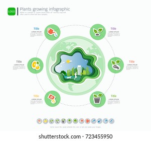 Plants growing timeline infographic with icons set, Save the world and go green concept, ecology, friendly diagram template, Used for applied guide to process and planting design. 