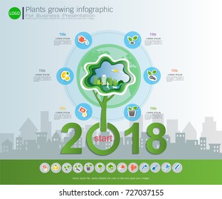 Plants growing timeline infographic with icons set, Save the world and go green concept, ecology, friendly diagram template, Used for applied guide to process and planting design. 