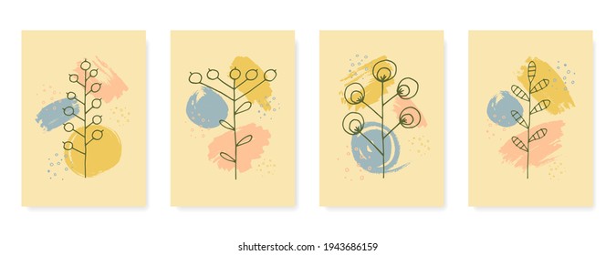 Plants hand drawing sketch, brush strokes, abstract backgrounds set. Design for greeting card, invitation. Vector stock illustration. 