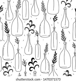Plants, hand drawn overlapping background. Decorative wallpaper, good for printing. Seamless pattern, houseplants. Illustration vector, branches in bottles