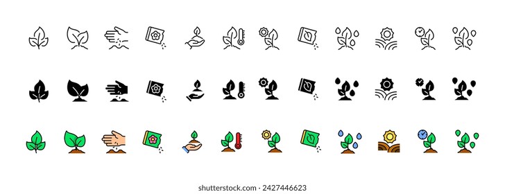 Colección de iconos de plantas. Iconos de producción de cultivos. Lineal, silueta y estilo plano. Iconos vectoriales